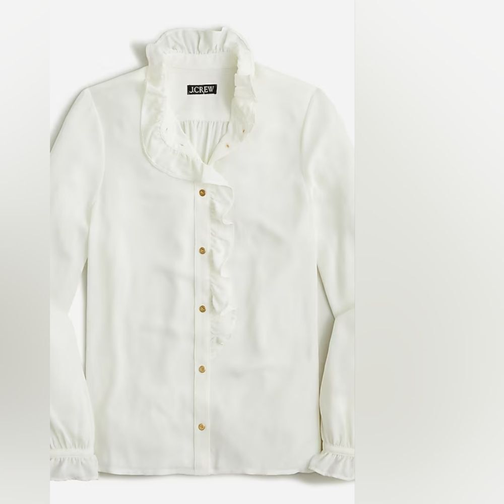 J. Crew Drapery Cottage Blouse Button Front Ruffle Long Sleeve Semi Sheer Top